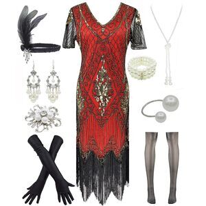 8694 1920s Gatsby Vintage Sequin Flapper Fringe Party Plus